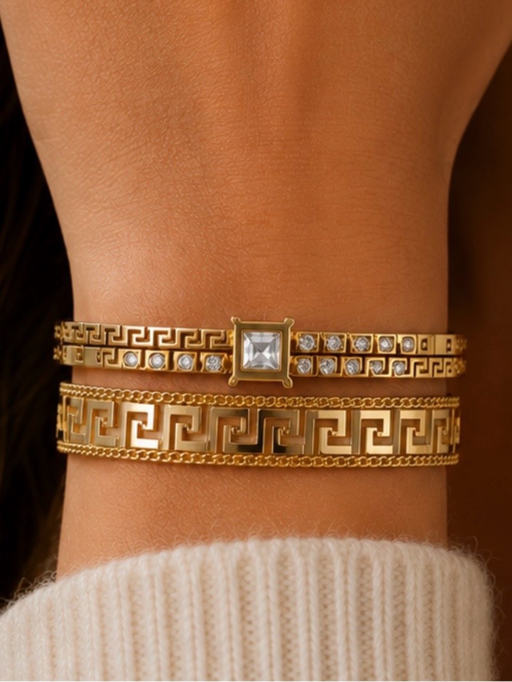 2 Bracelet Bundle: Greek Key Meander Cuff Bracelet AND Square Crystal Bangle